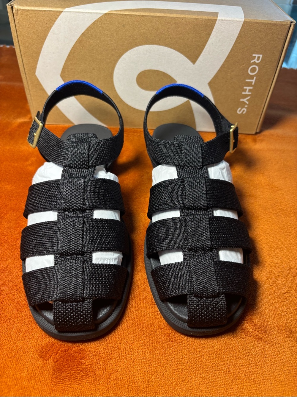 Rothy's Black Strappy Fisherman Sandals with Gold Buckles